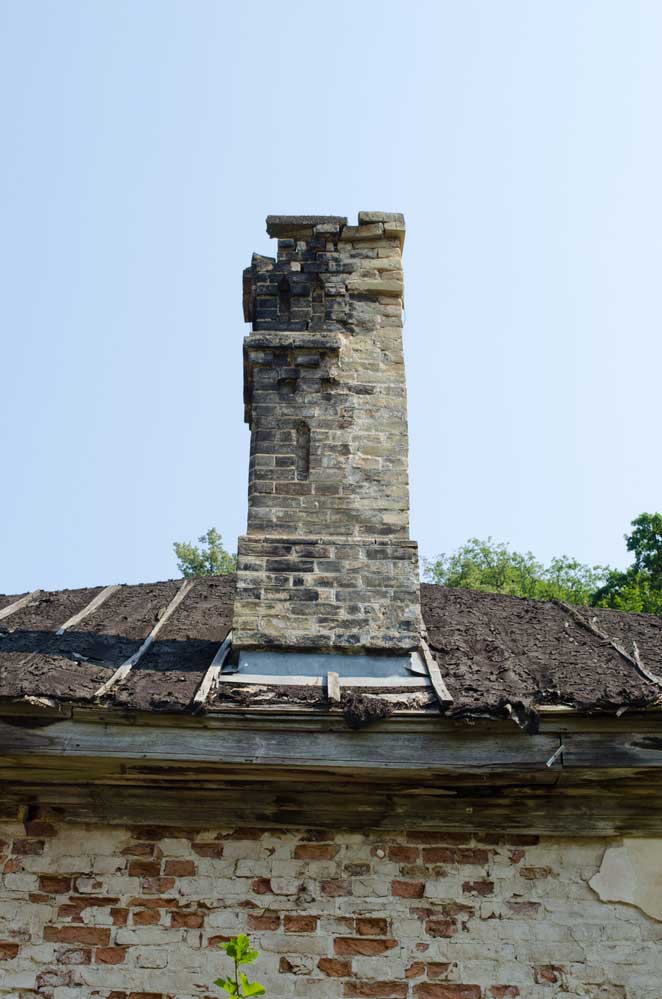 Damaged and worn chimney roof and brick.